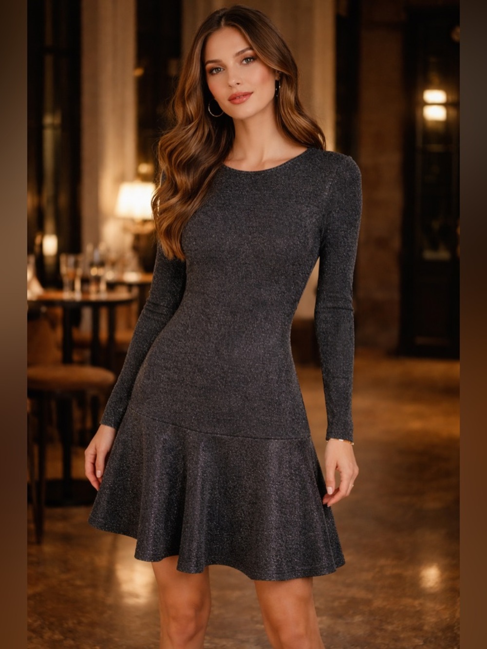 Selected Femme Metallic Knit Dress Black Silver Drop Hem Size M 25265